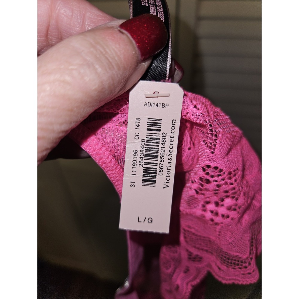 Victorias Secret Brazilian Panty Floral Lace Sheer Pink Rhineston Hearts Lrg NWT - Picture 4 of 4